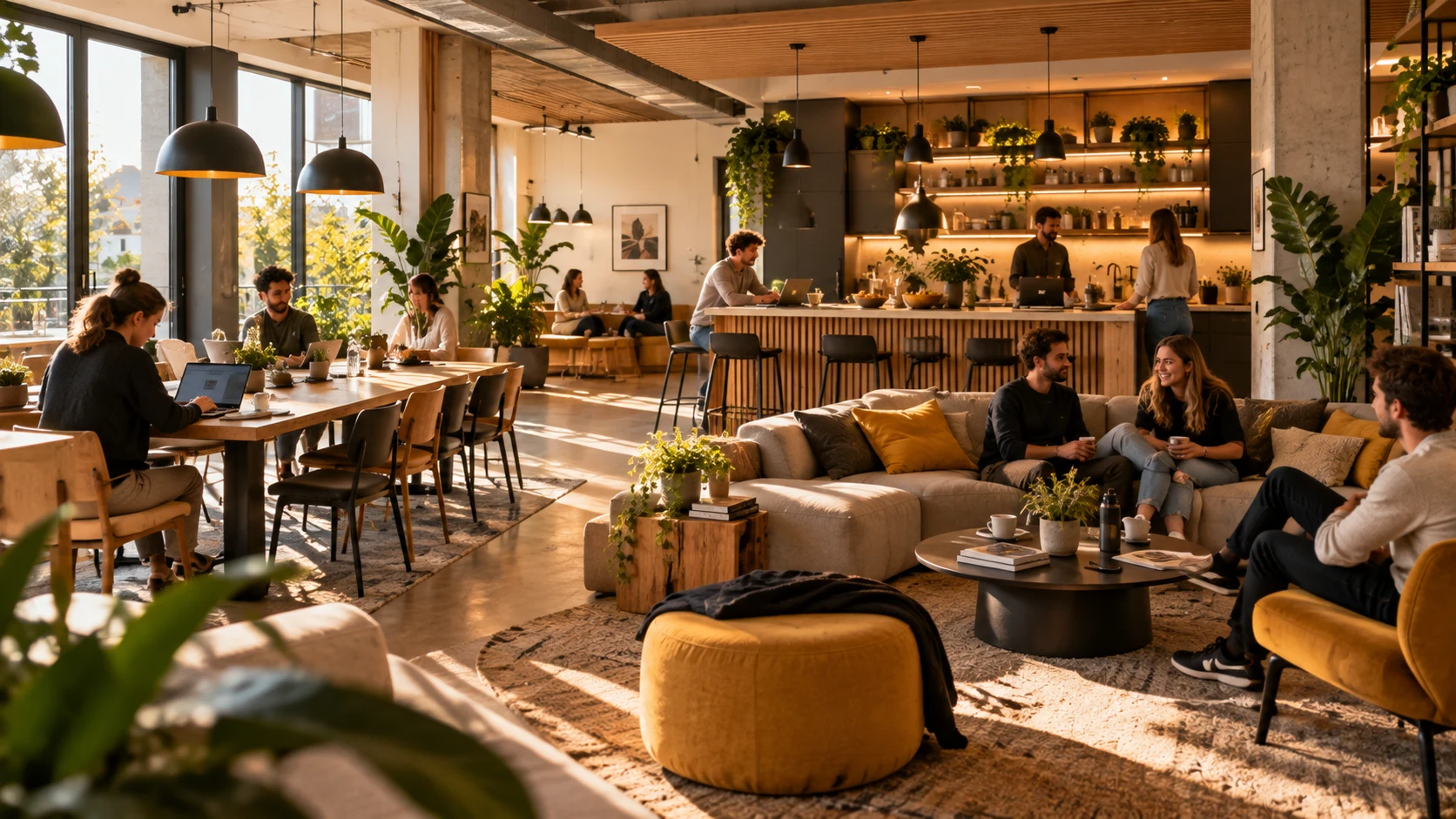 Espace commun DWELLER avec coworking, lounge et cuisine partagée