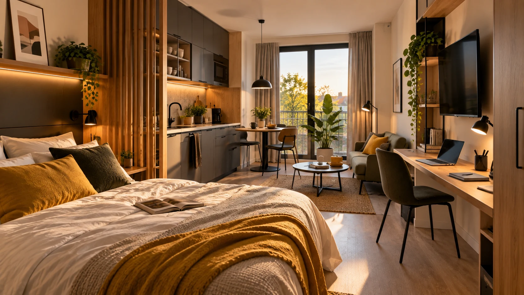 Studio DWELLER meublé avec espace nuit, cuisine et espace de travail